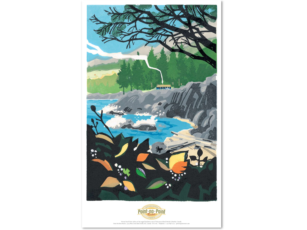 Original lino cut by Jim Rimmer used on Point No Point Resort brochure cover and poster